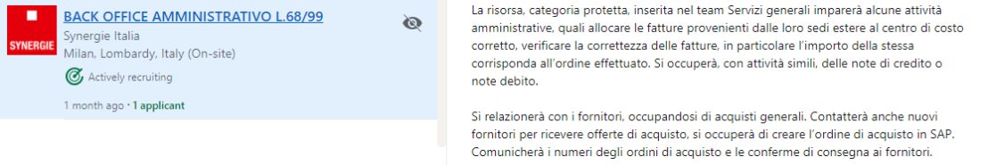 Esempio di offerta di lavoro con conoscenza di SAP FI FInanza e Contabilità