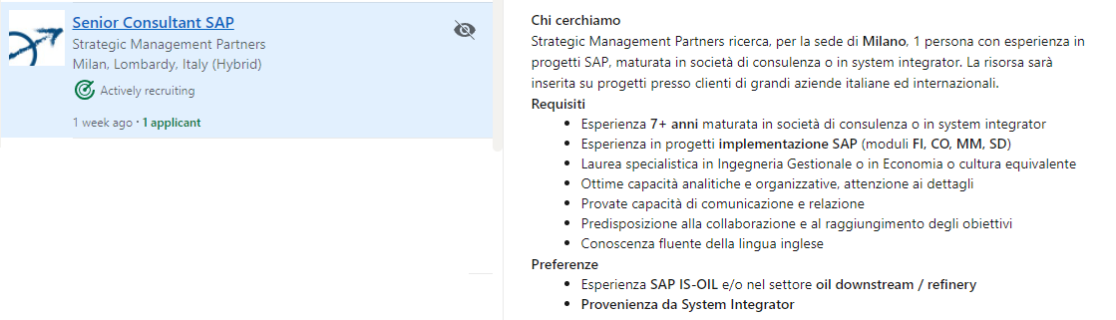 Esempio di lavoro per consulente funzionale senior con  SAP IS