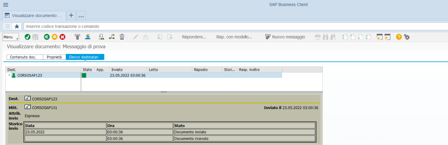 Inviare i messaggi con SAP: messaggio inviato