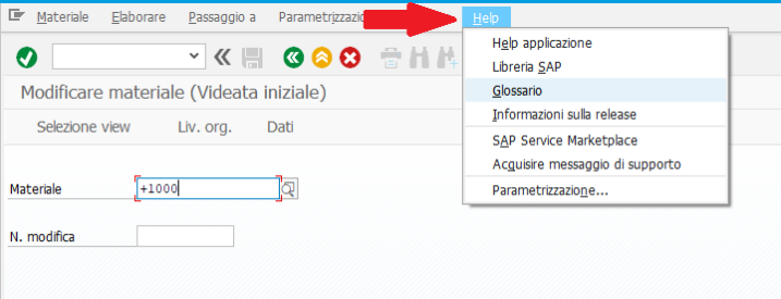 Il comando Help di SAP ed il suo menu a tendina con le alternative possibili