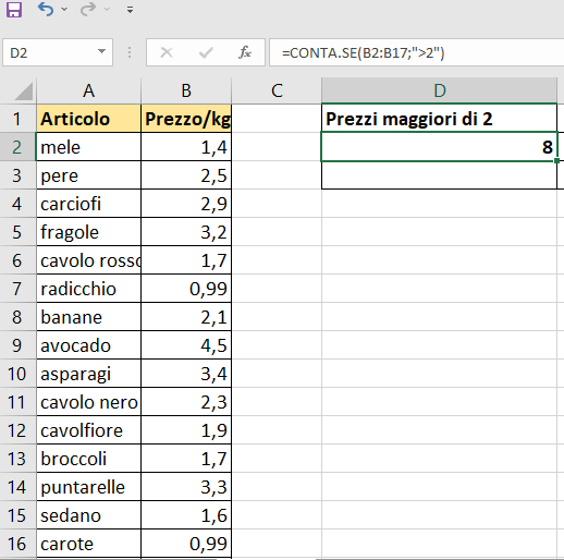 Funzione CONTA.SE esempio 4