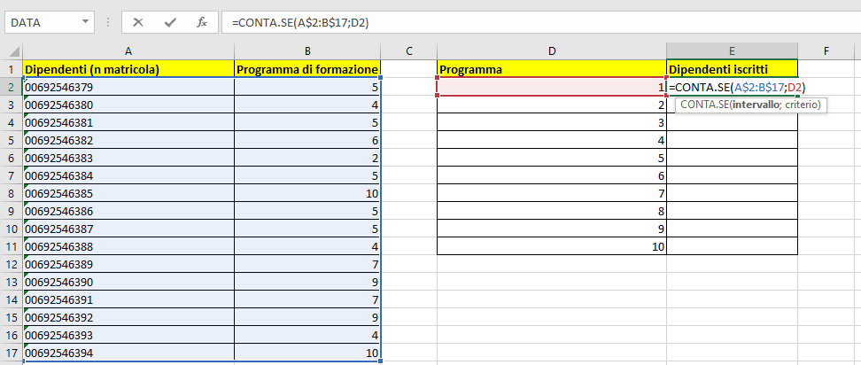 Funzione CONTA.SE esempio 3