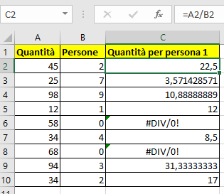 errore #DIV/0!